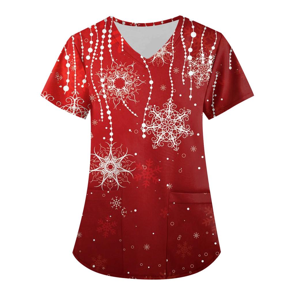 Women's Fashion V-neck Short Sleeve Workwear With Pockets Christmas Printed Tops