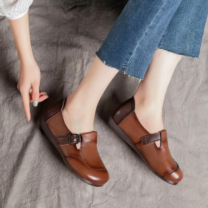 Johnature Round Toe Soft Soled Flat Shoes Casual Genuine Leather Loafers Versatile Women's Slip-on Shoes