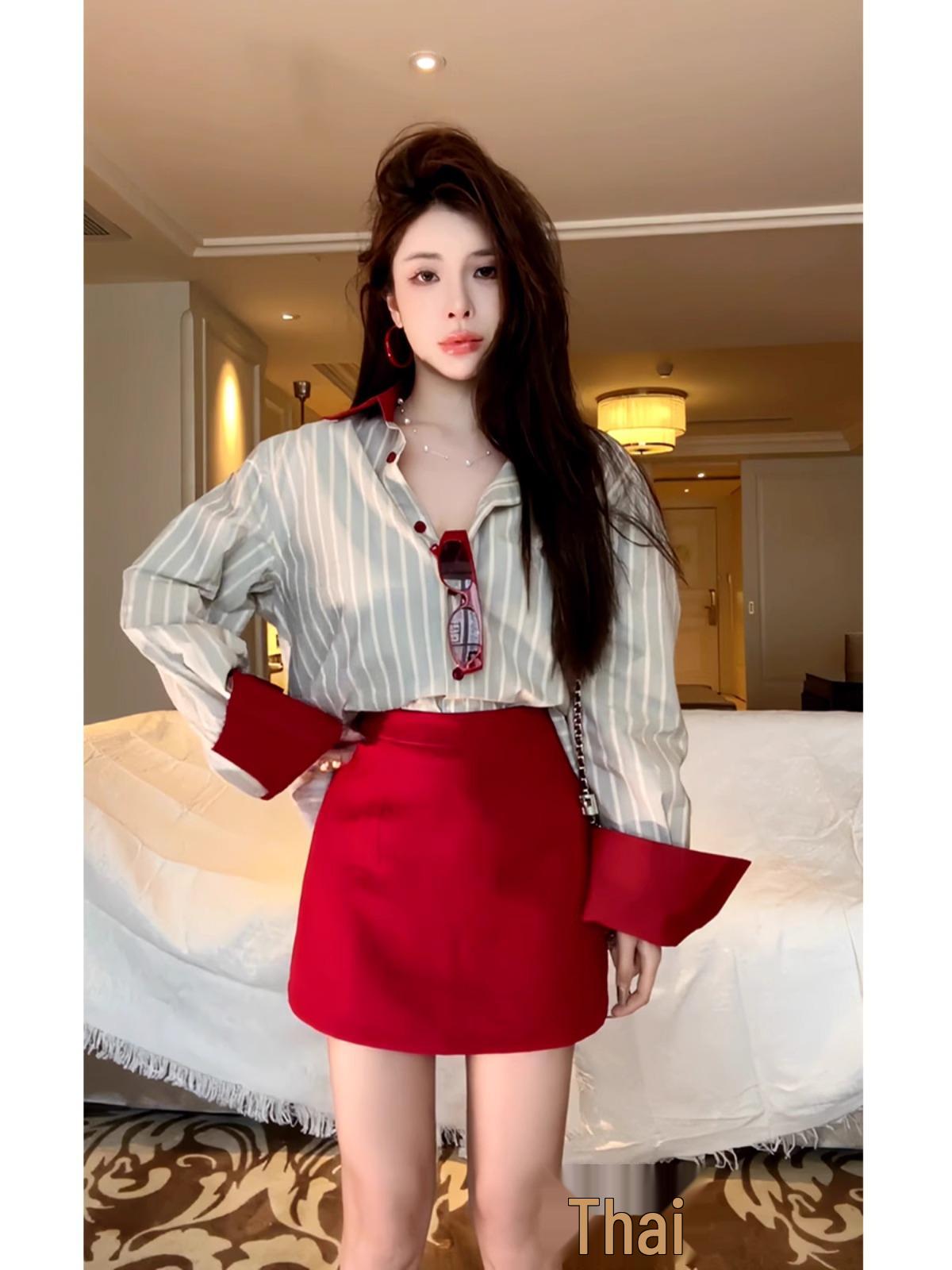 

Red Wool A-Line Short Skirt: Autumn Style, Anti-Exposure, Hip-Hugging, Petite Fit 3XL красный
