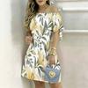 Women Plus Size White Off Shoulder Short Sleeve Tie Cuff Floral Printed A Line Dress