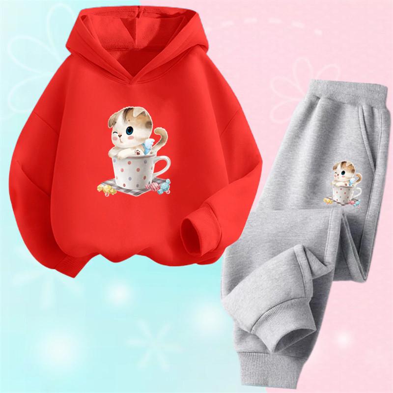 Dziewczęce urocze bluzy z kapturem i spodnie z nadrukiem kreskówkowego kota, zestawy ubrań, garnitur dla dziewczynki, urocze topy dla dzieci, stroje dla dziewczynki, sportowe dresy