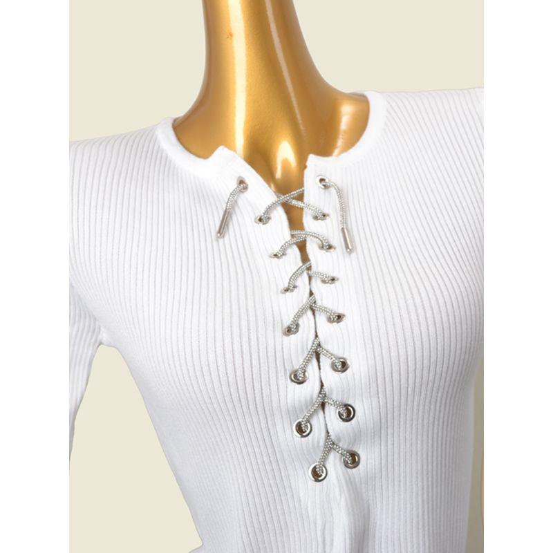 American High Waist Top Drawstring Rhinestone Thread High Elastic Short Slim Long Sleeve Knitwear Export Original Sample Women's Clothes