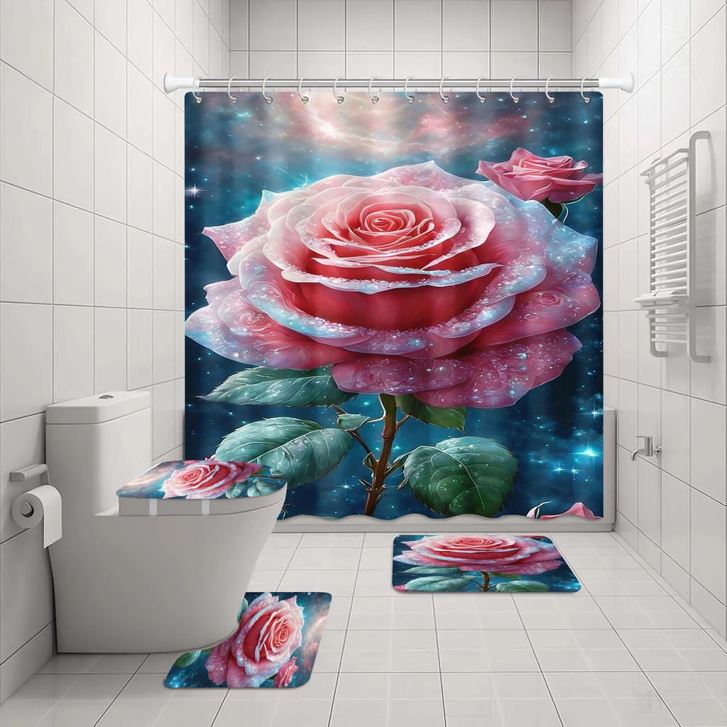Rose Shower Curtain Love Couple Bath 4 Pcs Set Cute Cartoon Luxury Accessories Sets Full Mats Gifts for Boys Girls
