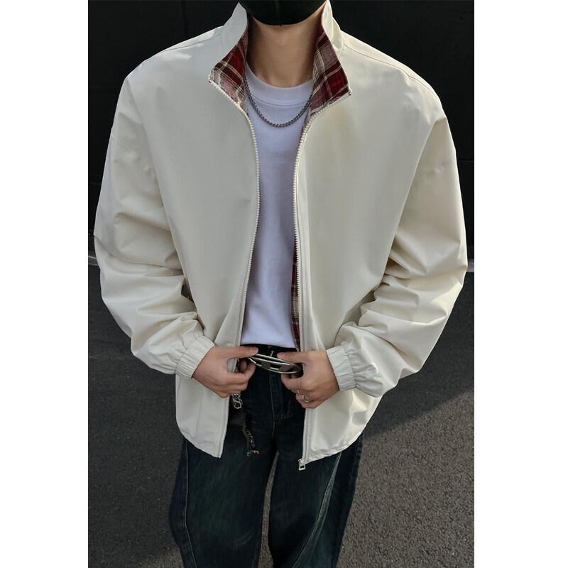 Men's Fall/Winter Plaid Patchwork Stand Collar Jacket - Trendy American High Street Style, Cool & Loose Lapel Coat