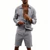 Men's Cotton And Linen Casual Long-Sleeve And Shorts Set