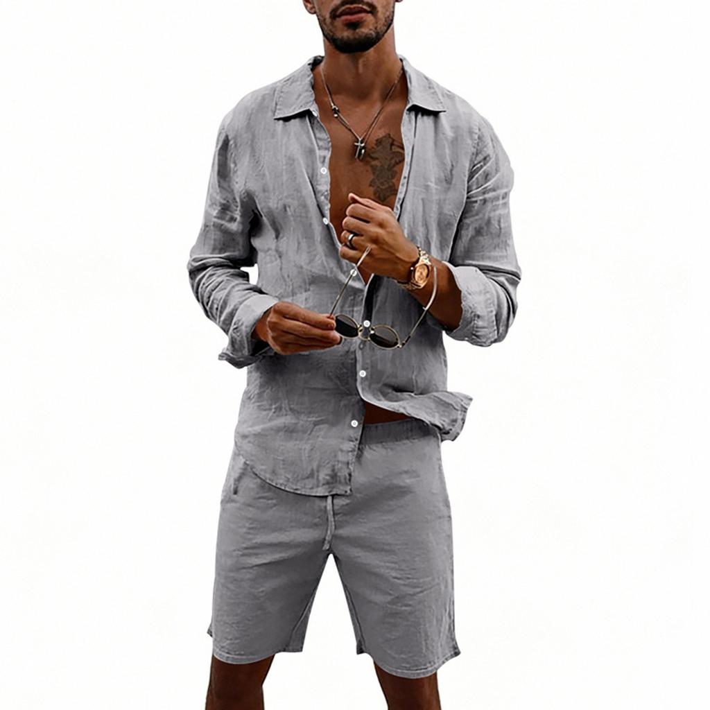 Men's Cotton And Linen Casual Long-Sleeve And Shorts Set