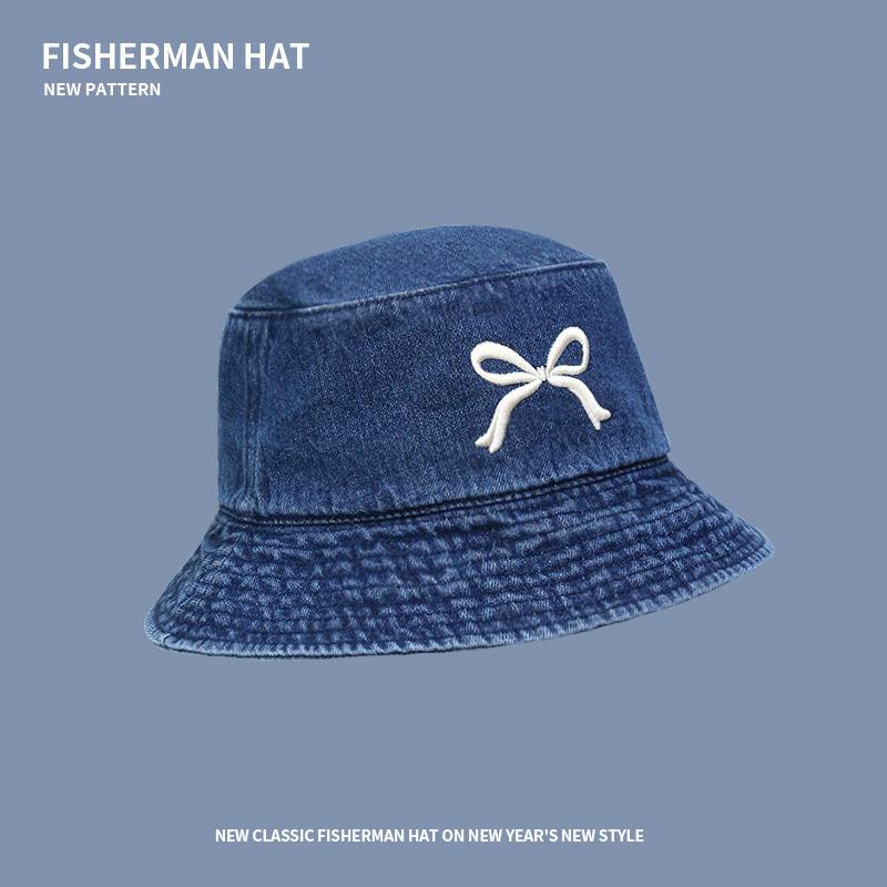 

Tide brand bow embroidery denim fisherman hat children spring and summer outdoor wide brim UV protection hat sun hat Adjustable (55-59)