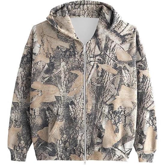 Women's Men's Camo Zip Hoodie Maple Leaf Print Oversized Hooded Sweatshirt Wool Long Sleeve Jacket