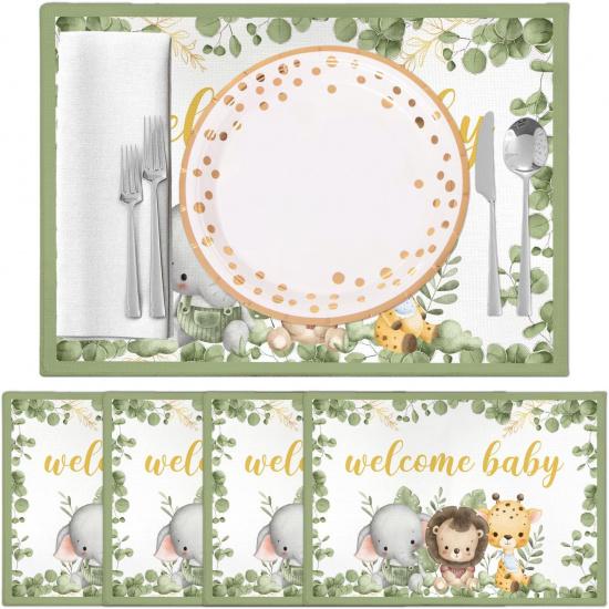 Eucalyptus Leaves Placemats Set of 4, Welcome Baby Waterproof Linen Placemats, Baby Shower Party Supplies, Table Mats for Indoor or Outdoor Dining
