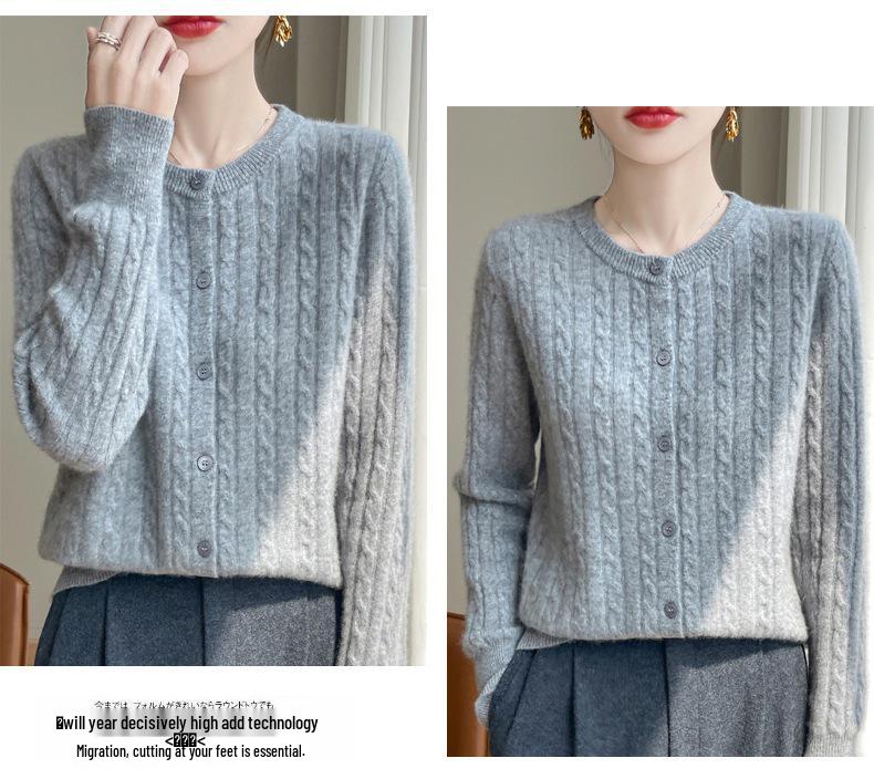White Cable Knit Cardigan Coat - Women's Korean Slim Fit, Autumn Long Sleeve Sweater