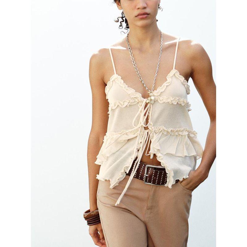 Spring and Summer New Women's Clothing Laminated Decoration Bows Ruffles V Neck Camisole Knitting Tops 4192047