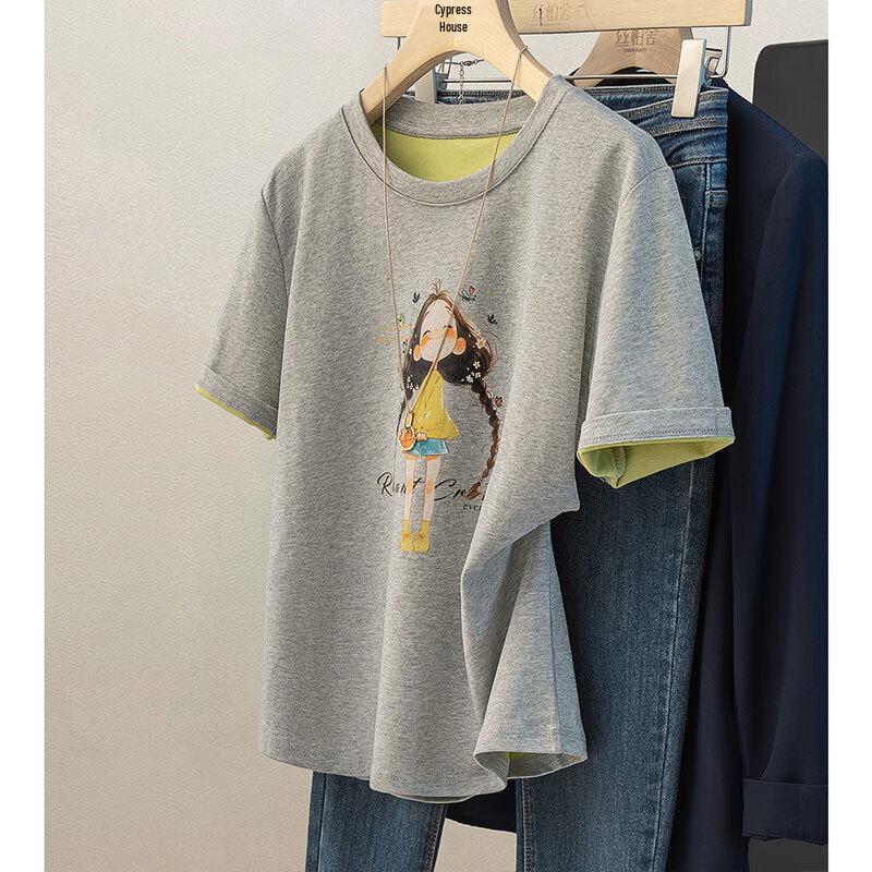 Dam T-shirt med tecknad tryck och kontrastrund hals