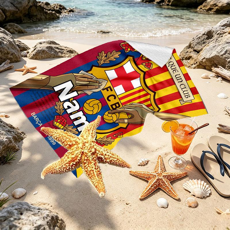 Custom Name Personalized Barcelona FC Soccer Print Beach Towel, for Trip Camping Beach Party Home Decor, Birthday Gift for Family & Friends