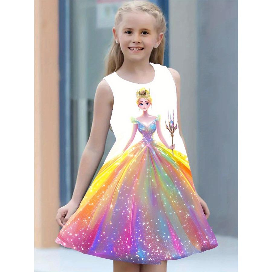 Sleeveless Crew Neck Vest Dress Foreign Style Cute Mermaid 3D Digital Printing Pattern Princess Dress