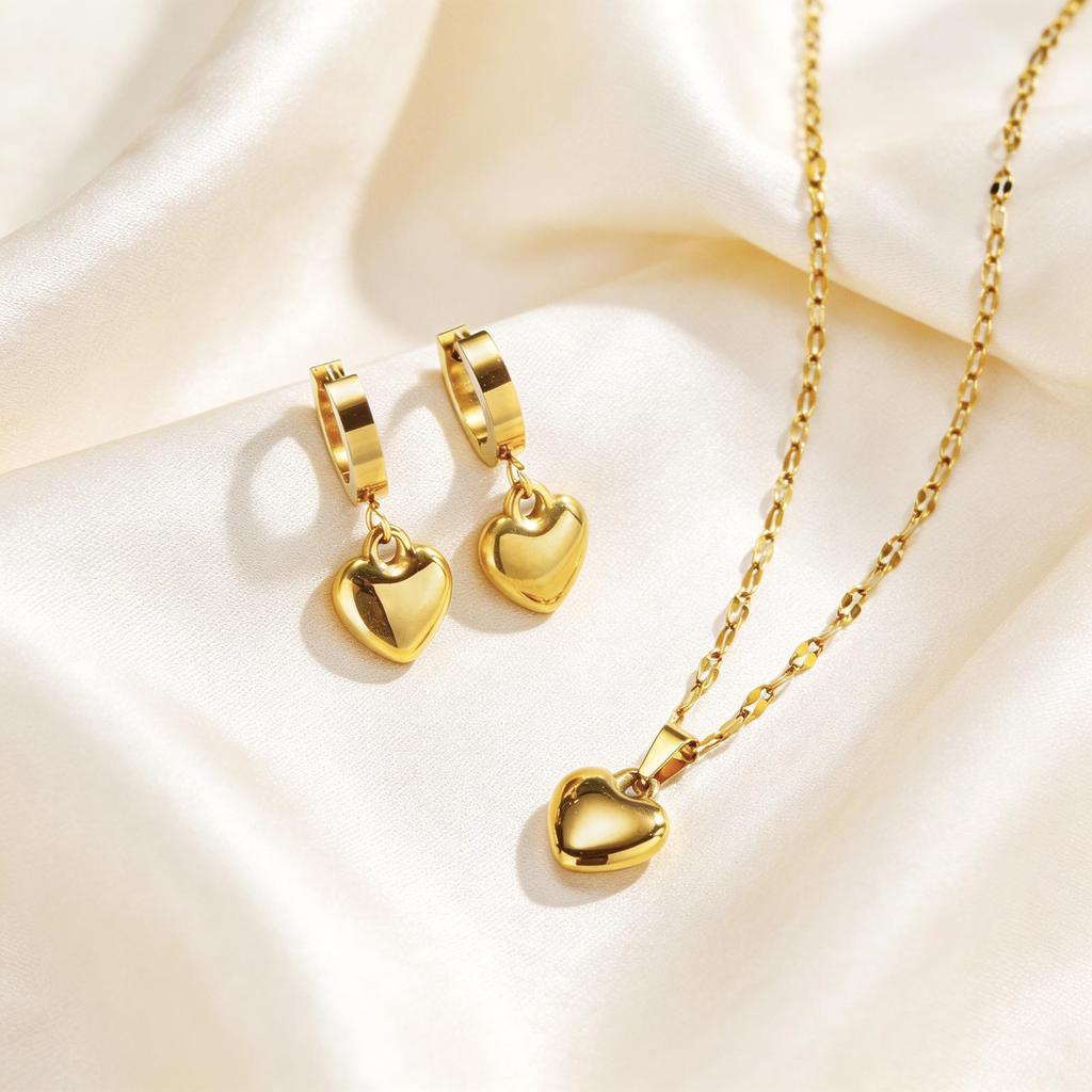 High Quality Heart Shape Earrings Necklace Set Gold Plated Love Earrings Necklaces Stainless Steel Set Jewelry Gift for Mother