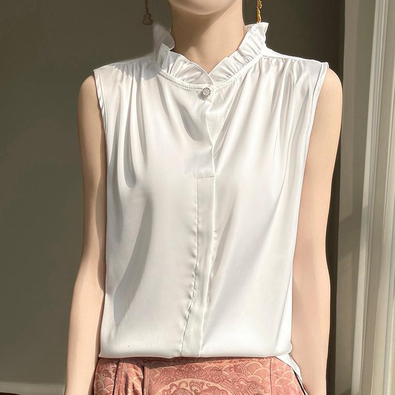 Womens Sleeveless Tank Top With High Neck Acetate Fabric For Office Wear