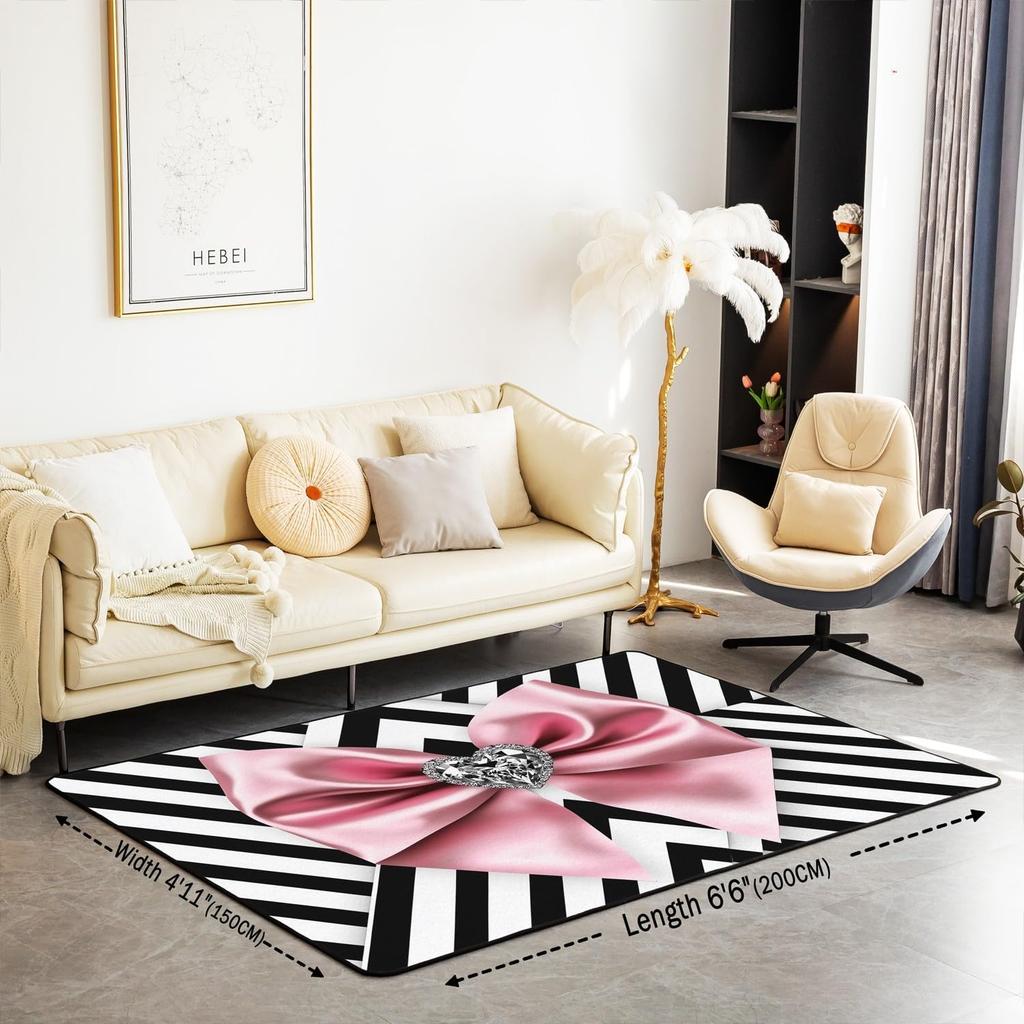 Erosebridal Bowknot Living Room Rugs for Girls, Girly Bow Knot Decorative Carpet Stripes Diamond Area Rug 6'6" x 4'11" for Kids Women, Kawai