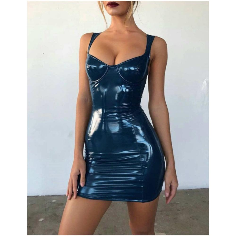 Damen U-Ausschnitt Ärmellos Bodycon Minikleid Tailliert Urbaner Stil PU-Leder Minikleid 6XL navy blau