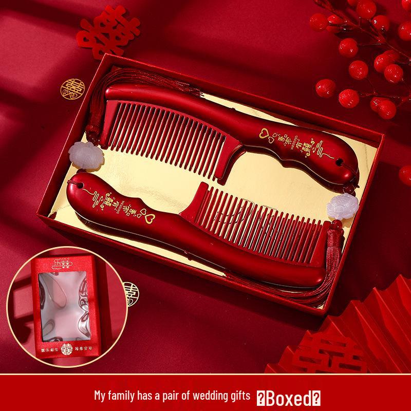 Bordowy Drewniany Zestaw Grzebieni Ślubnych z Lusterkiem - Pudełko na Prezent Weselny Panny Młodej
