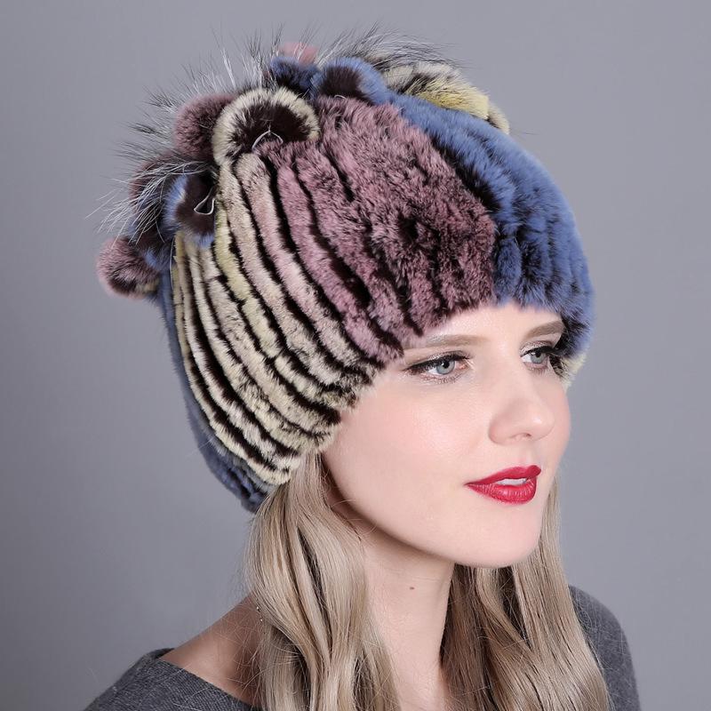 Colorful Rex Rabbit Fur Knitted Women's Warm Winter Hat