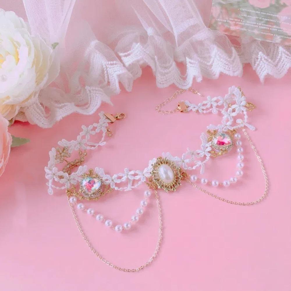 Exquisite Lace Pearl Choker Shiny Lolita Choker Necklace Fashion Rhinestone Tassel Necklace  Women