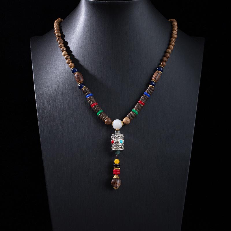 Ethnic Retro Vajra Bodhi Pendant Necklace with Wooden Beads