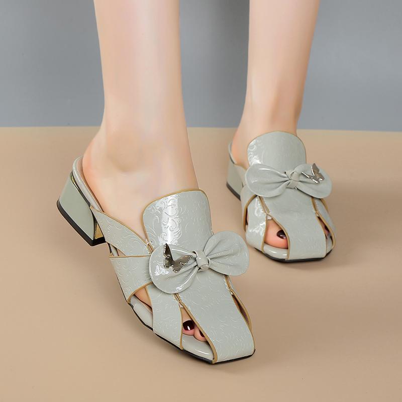 Fashion Female Baotou Slippers Summer New Round Head Hollow Open Toe Butterfly Knot Anti-slip Wear-resistant Heel Shoes