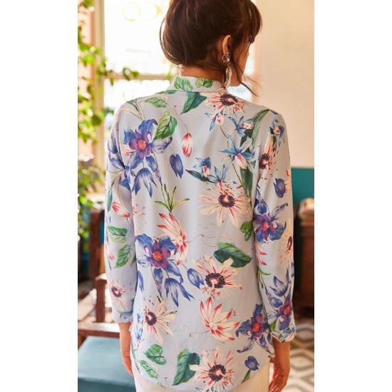 Kadın Mavi Pembe Çiçekli Gömlek