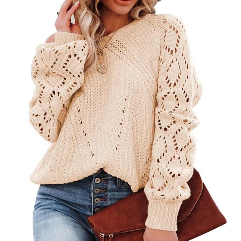 Women s Solid Color Loose Hollow Long-sleeved Round Neck Sweater S абрикосовый