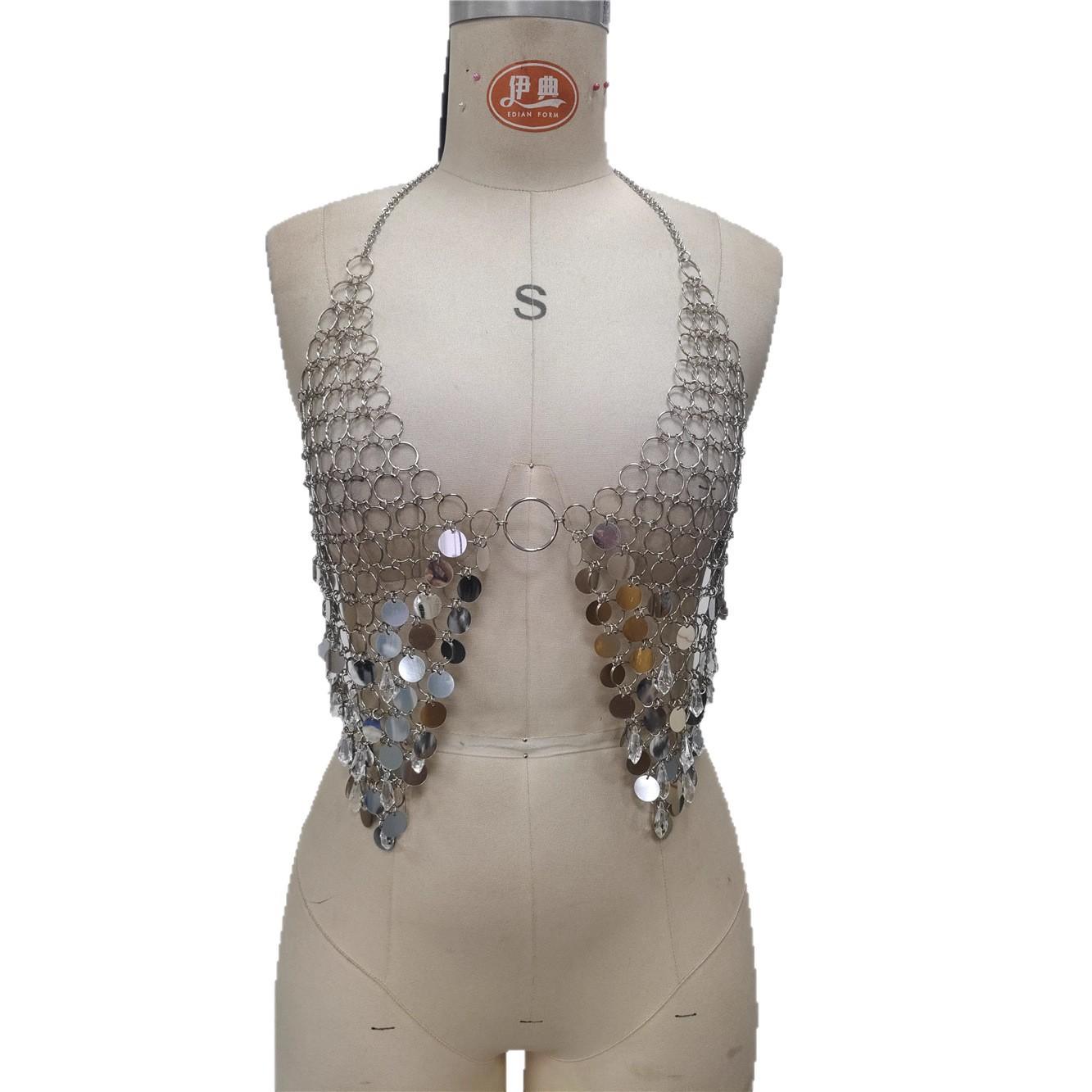 Sexy Vest Ring Multi-Layer Beaded Top Tube Corset Chest Chain Body Chain Alloy Mailchain Chest Body Chain One size