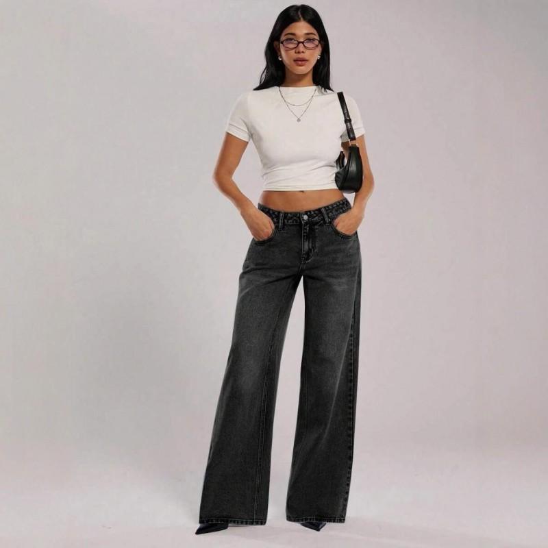 Womens Vintage Low Waist Loose Straight Leg Jeans Washed Blue Casual Denim Pants