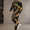 Men Plus Size Black Blue Green Printed Round Neck Long Sleeve Top Cuffed Pants Two Piece Set