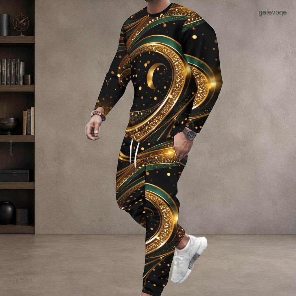 Men Plus Size Black Blue Green Printed Round Neck Long Sleeve Top Cuffed Pants Two Piece Set