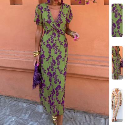 Womens Dress Spring Summer European and American V-neck Short Sleeved Pleated Printed Dress Casual and Fashionable Temperament