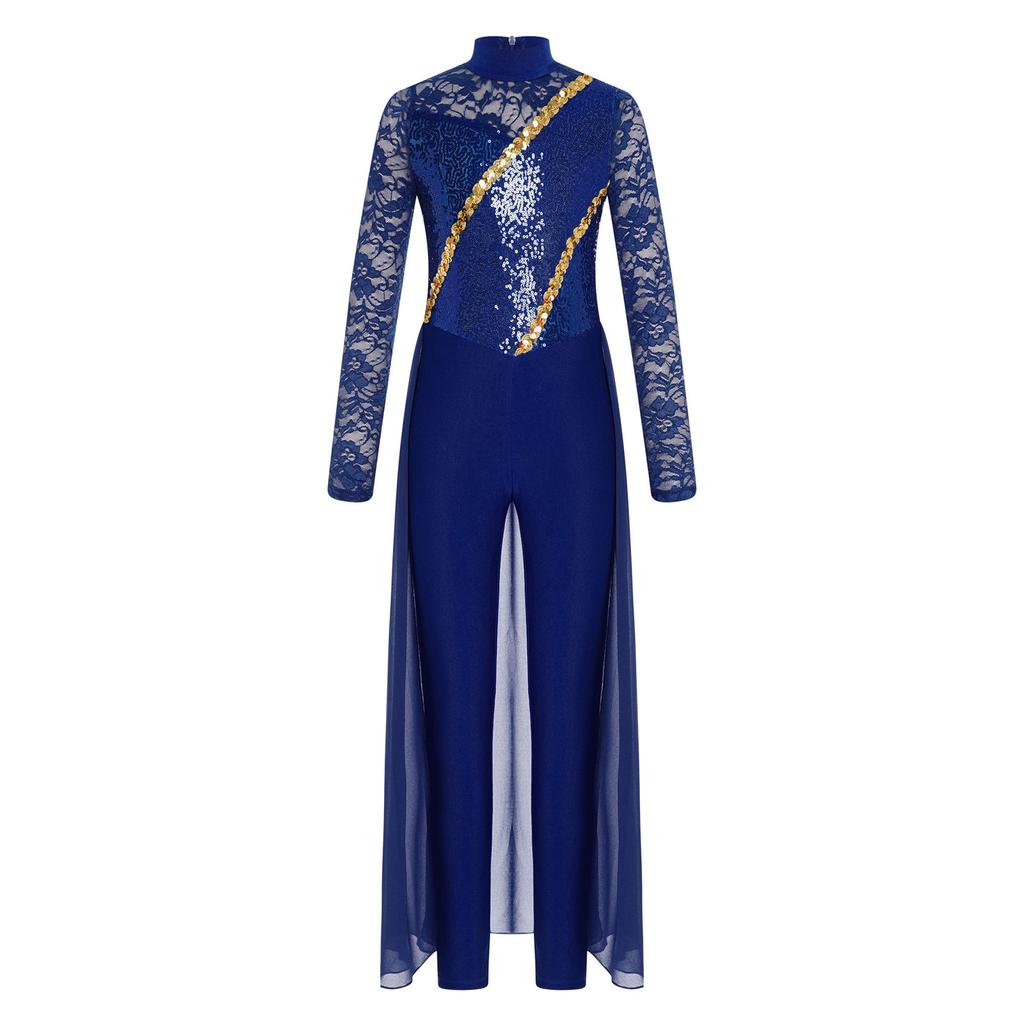 Fete Gimnastică Patinaj Artistic Salopetă Dantelă Florală Mânecă Lungă Gât Mock Paiete Fustă Șifon Salopete Costum de Dans