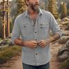 Men's Casual Workwear Denim Shirt Solid Color Washed Button Up Long Sleeve Shirt with Dual Chest Pockets