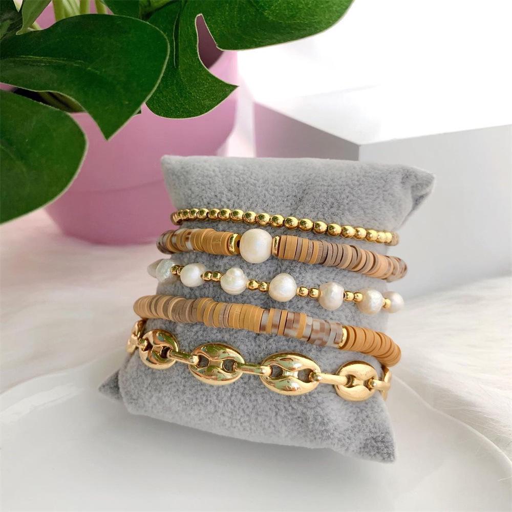 

Versatile Layered Polymer Clay and Natural Pearl Bracelet Set for Women