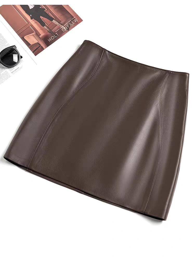 Genuine European & American High Waist Leather A-line Skirt for Women