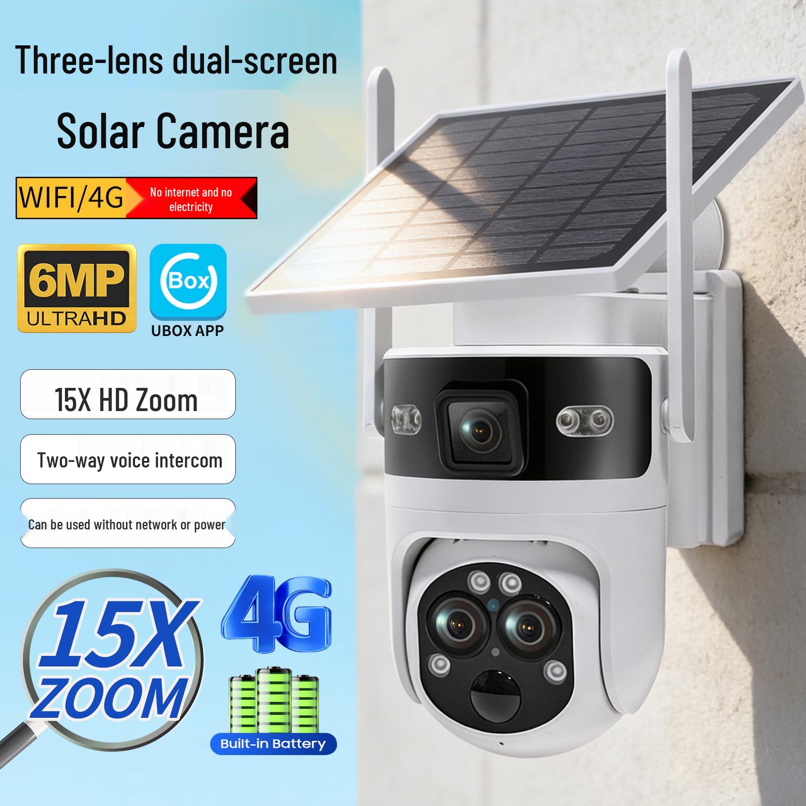 

UBOX 6MP Solar PTZ Camera: Three-Lens, 4G, Low Power, Waterproof, 15X Zoom for Outdoor Monitoring 6MP-4G EU