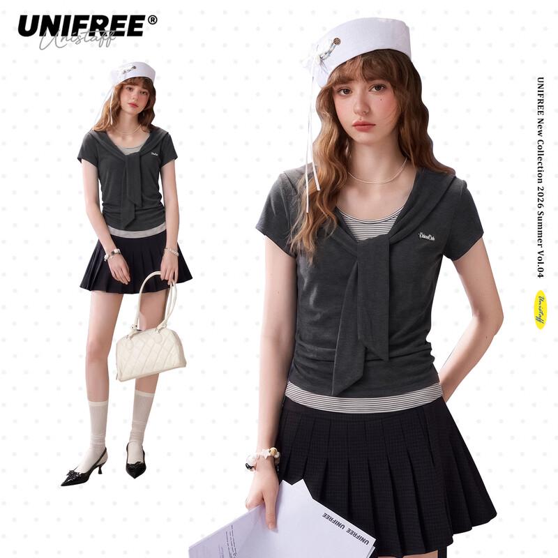 UNIFREE Retro Faux Two-Piece Short Sleeve T-Shirt One Size