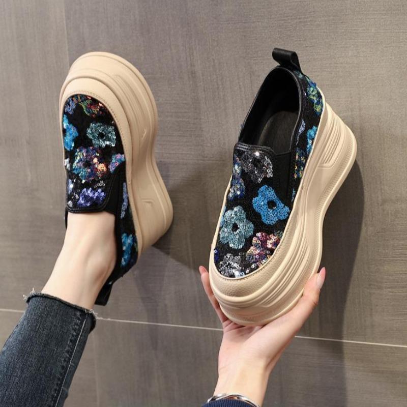 Fashion Ladies Footwear High on Platform Round Toe Slip Sequins Women's Shoes Sale Korean Offer Comfortable and Elegant Vulcanized Shoe