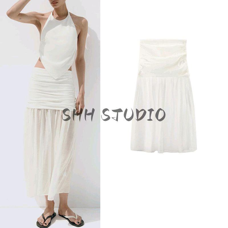 Summer New Product Women's Clothes Minimalist Linen Blend Ruched Decoration Patchwork Mid Waist Midi Dress 4661441