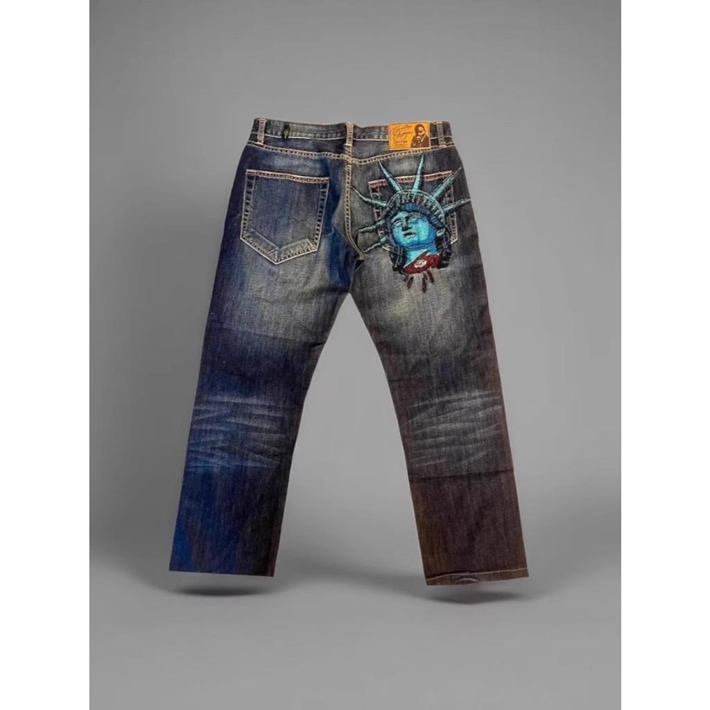 FlowStreet Y2k 2000s Statue of Liberty Diamonds Denim Pants Casual High Waist Straight Wide Leg Jeans Harajuku Vintage Pants