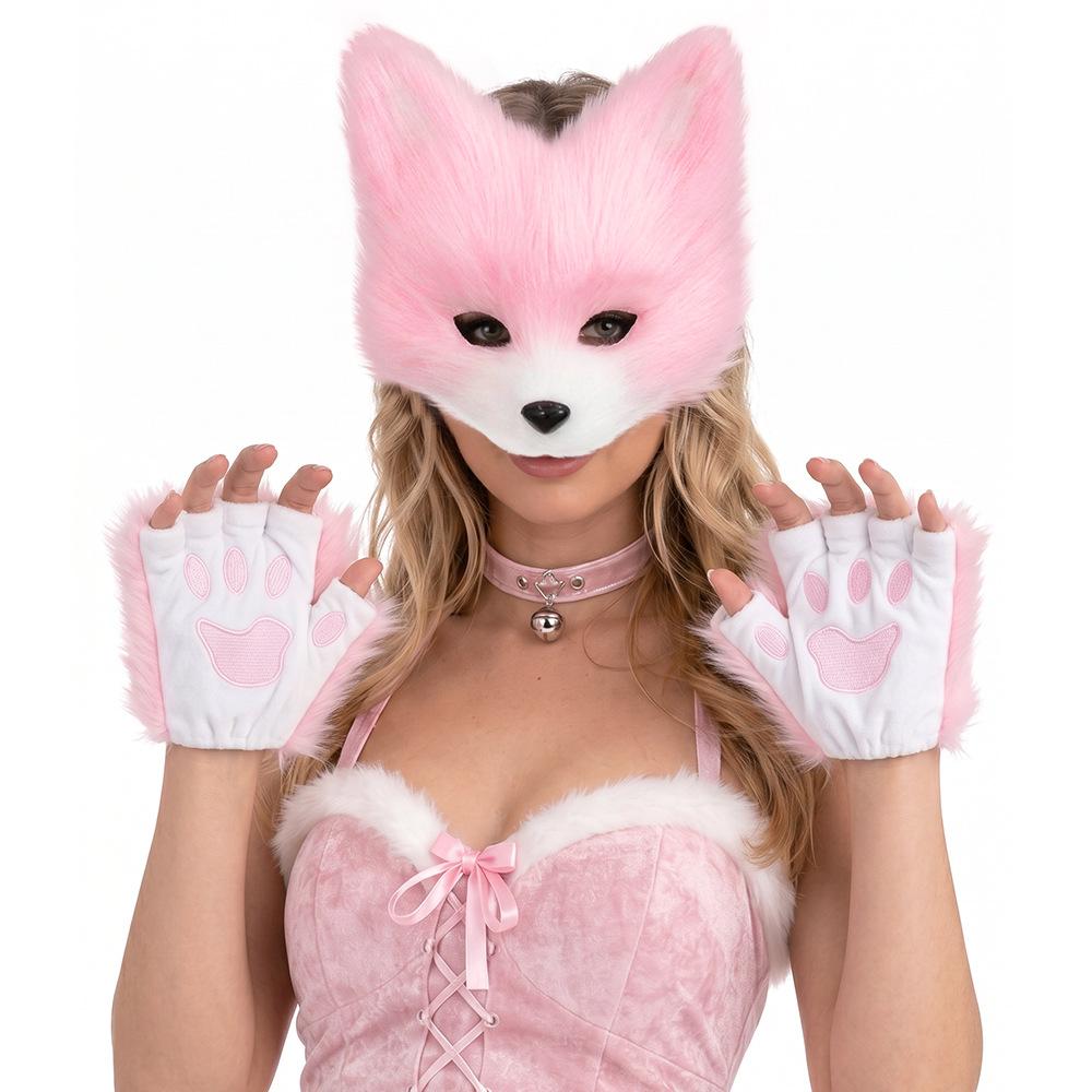 Faux Fur Cat Fox Mask Tail Paw Gloves Set Therian Costume Kit for Women Girls Adult Halloween Cosplay Masquerade Party