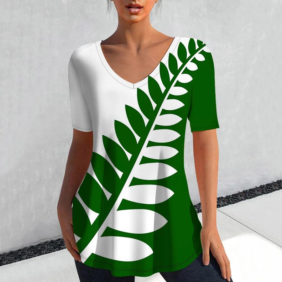 

Женская модная футболка с V-образным вырезом и короткими рукавами с цифровой 3D-печатью свежего листового узора S