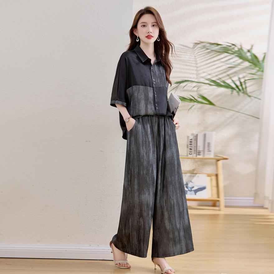 Slack light suit women's summer new personalized contrasting color shirt tie-dye wide-leg pants two-piece set