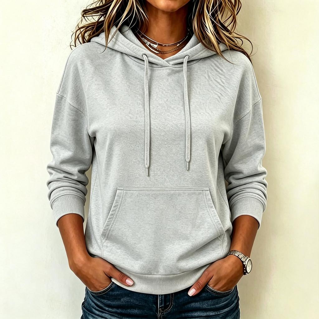 Women's Fashion Long Sleeve Hoodie Pullover Sweatshirt Solid Color Pocket Casual Pullover Sweatshirt with Drawstring Hood and Front Pocket