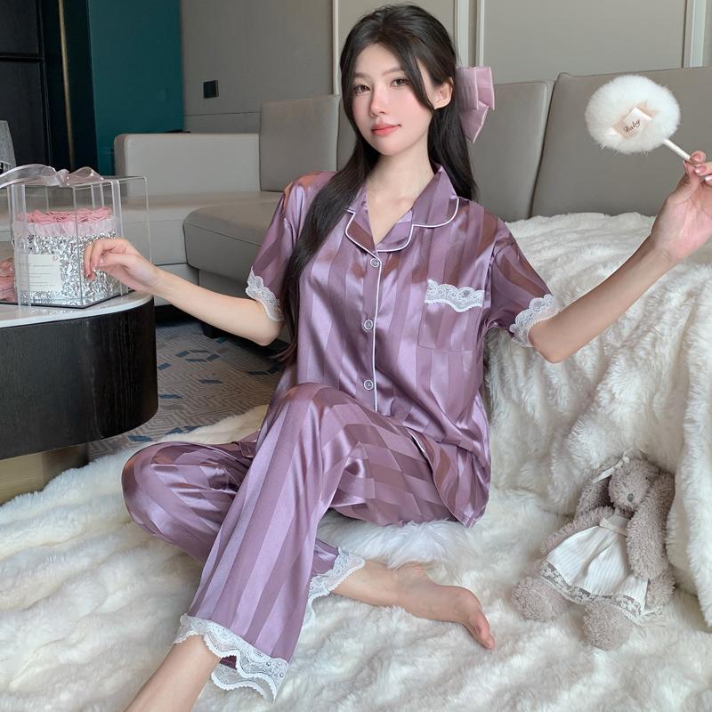 Summer lace patchwork stripes Women Sleepwear Sets Rest Autumn Pajamas Set Turn Down Collar Faux Silk Satin Short Sleeve Female Pijama Home Wear
