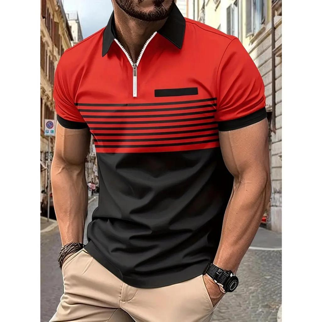 New Striped Printed Short Sleeve Top Men's Casual Lapel Zip Polo Shirt Polo