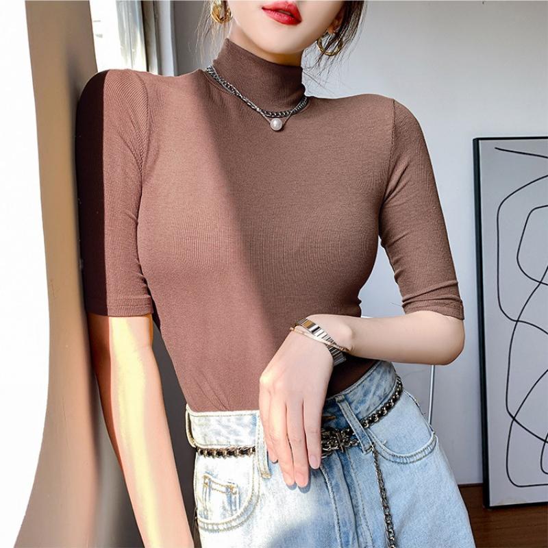 Fashion Short Sleeve Casual White T-shirt for Women Summer Half High Neck Slim Base T Shirt Female Casual Elegant Office Lady Tee Tops 24081